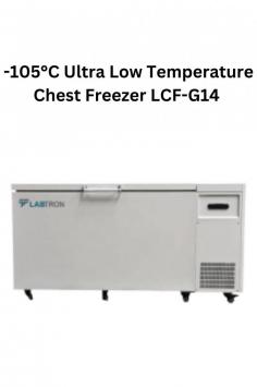 Labtron -105°C Ultra Low Temp Chest Freezer  with 458L capacity, features digital control, LED display, safety door lock, ultra-thick foam, double-sealed door, advanced alarm system, and multiple protection functions for secure sample storage.
