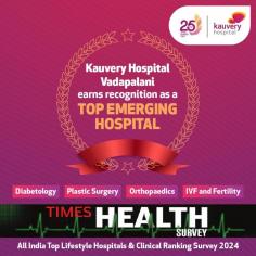 Kauvery Hospital Vadapalani is proud to be recognized as a top emerging hospital in diabetology, IVF and fertility, orthopaedics, and plastic surgery in the Times Health Ranking Survey 2024.