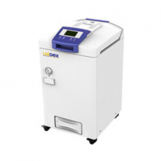 Labdex vertical autoclave is a 150L top-loading sterilizer featuring a temperature range of 105 to 138°C and a maximum pressure of 0.22 MPa. It offers real-time monitoring, storage for 1,000 records, and automatic cooling. This reliable sterilization solution is designed for various laboratory environments. 