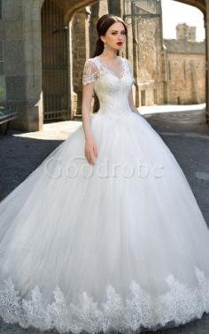 Robe de mariée longue intemporel avec bouton en tulle de mode de bal