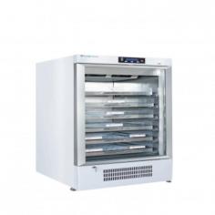 Labtron Blood Bank Refrigerator is an upright unit with a 200-bag capacity (450 ml each) and a precise temperature range of 2°C to 8°C, adjustable to 0.1°C. It offers customizable features like a thermal printer upon request. Each shelf holds at least 33 blood bags, ensuring efficient and reliable blood storage.