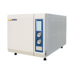 Labdex 45L tabletop sterilizer is a high-pressure Class B autoclave using steam for fast, safe, and economical sterilization. It features a user-friendly front-loading design with microprocessor control and multiple safety systems. The built-in rapid steam generator ensures quick cycles, while the high-efficiency vacuum system provides -90KPa vacuum. Safety features include automatic shutoff, cool air exhaustion, and protection against high temperature and pressure.