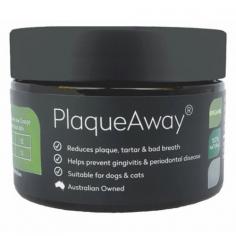 PlaqueAway is a natural approach to keep your pet's teeth and gums healthy and clean by reducing dental plaque, calculus, and the dreaded "pet breath." This product is manufactured from specially selected seaweed picked from the pristine waters of northern Norway. PlaqueAway contains no artificial ingredients, preservatives, gluten, sugar, or fillers. PlaqueAway, when used on a daily basis, significantly reduces the risk of periodontal disease, which affects 80% of mature dogs and cats. It is a tried-and-true, high-quality, low-cost product that has been laboratory tested to ensure your pet health safety and peace of mind.