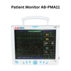 Abimed patient monitor, featuring 8 channels and a 12.1" TFT color LCD. It offers advanced real-time analysis, key/button operation, quiet fanless design, and energy-efficient performance with a rechargeable lithium battery.