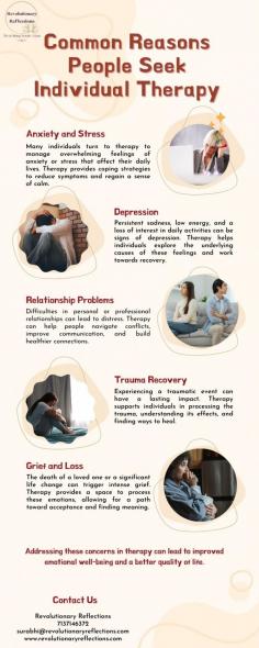 People seek individual therapy for various reasons, such as coping with anxiety, depression, or stress. It can help individuals manage life transitions, improve self-esteem, or address trauma and past experiences. Therapy also supports those dealing with relationship issues, grief, or feelings of isolation. By providing a safe space for self-exploration and emotional growth, individual therapy helps people navigate personal challenges and build healthier coping strategies. Schedule your appointment now  at https://www.revolutionaryreflections.com/individual-healing-therapy


