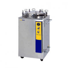 Labdex vertical autoclave offers a 150L capacity, operating at 0.22 MPa with adjustable temperatures from 105°C to 134°C. It features two stainless steel sterilizing baskets, a 0-60 minute timer, automatic shutdown alerts, and indicator lights in a user-friendly design with a standard PT/TT test interface.