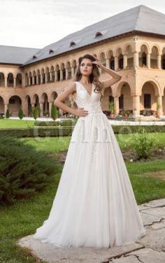 Abito da Sposa in Tulle con Applique Impero A Terra V-Scollo