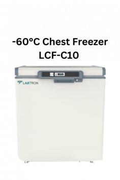 Labtron -60°C Chest Freezer, with a 150L capacity, features a stainless steel interior, a 2-layer insulating foamed door with an airbag seal, a rotating handle, an LED display, and an advanced alarm system for reliable operation.
