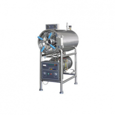 Labdex horizontal autoclave is microprocessor-controlled, offering a 300L capacity with a temperature range of 105°C to 134°C and a timer from 0 to 60 mins. It features a built-in steam generator, automated drying, real-time display, and safety functions like door interlock and power cut-off. 