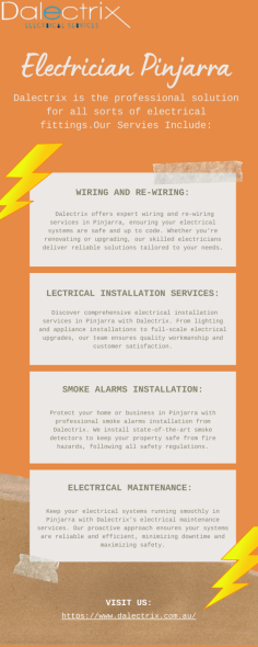 Explore our infographic on electrician services in Pinjarra, offered by Dalectrix. Learn about our expert wiring, installation, smoke alarm installation, and electrical maintenance solutions. Visit electrician pinjarra to discover more about our comprehensive electrical services tailored to meet your needs in Pinjarra.