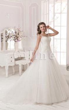 Abito da Sposa Coda A Strascico Corto con Applique A-Line Barchetta Senza Maniche