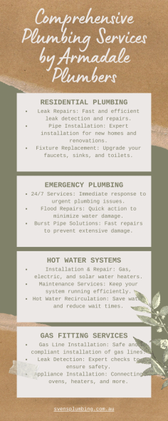 Dive into our latest infographic to discover the wide range of plumbing services provided by Armadale Plumbers. From residential and commercial plumbing to emergency repairs and gas fitting, we’ve got you covered! Learn how our expert team can handle everything from routine maintenance to urgent repairs, ensuring your plumbing systems run smoothly. Check out https://svensplumbing.com.au/plumber-armadale/ and see how we can help you today!