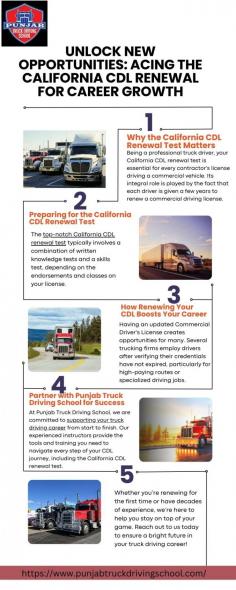 Punjab Truck Driving School offers comprehensive courses to boost your truck driving career. From expert-led classes to hands-on commercial vehicle training, we ensure you pass the California CDL renewal test with ease. Start your journey with us and gain the skills for a lasting, successful trucking career. Visit here to know more:https://smithahana84.wixsite.com/punjab-truck-driving/post/unlock-new-opportunities-acing-the-california-cdl-renewal-for-career-growth