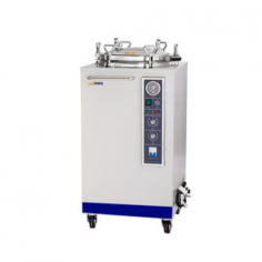 Labdex Vertical Autoclave is a top-loading sterilizer made from SUS304 stainless steel with a 150L chamber. Operating at 0.22 MPa and adjustable from 115°C to 129°C, it features a microprocessor for automated control, safety shutoffs, a stainless steel sterilization drum, and a 0-80 minute timer.