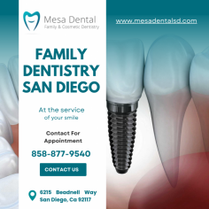 Looking for reliable family dentistry in San Diego? Mesa Dental provides expert dental care for patients of all ages, from children to adults. Our personalized treatments ensure the health and happiness of your family’s smiles. Schedule your appointment today for a family-friendly dental experience.