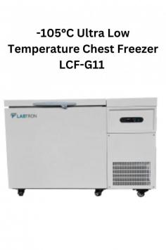 Labtron -105°C Ultra Low Temp Chest Freezer offers 118L capacity, digital control, high/low temp alarms, sensor fault alerts, universal casters, ultra-thick foam, double-sealed door, and reliable storage.
