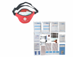 Abimed First Aid Kit is compact and includes essential items such as an emergency blanket, metal whistle, latex gloves, cooling oil, gauze, iodine applicators, bandages, safety pins, and medical tape. It features a waterproof case and durable zip, ensuring reliable access to medical supplies in emergencies.