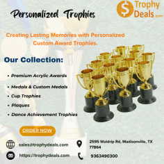 At Trophy Deals, we craft high-quality, customized trophies for every occasion—be it corporate awards, sports achievements, or special recognition. Our trophies, made from wood, metal, and acrylic, are designed for both durability and elegance. With extensive customization options, you can personalize every detail to reflect the importance of the achievement. We offer convenient order pickups at 2595 Waldrip Rd, Madisonville, TX 77864, and secure shipping. Contact us at 936-349-0300 or email sales@trophydeals.com to create your perfect award today!