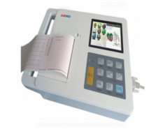 Abimed 3-Channel Electrocardiograph features a high-resolution color LCD, simultaneous 12-lead acquisition, and three modes of manual, auto, and arhythmia analysis. It has a measurement range of 1 5 mVp-p, a frequency response of 0.05 Hz to 150 Hz, thermal printing, and supports USB and SD memory.
