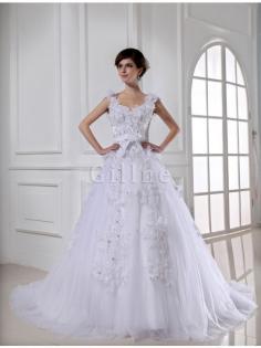 Abito da Sposa in Tulle in Raso con Perline Largo Bretelle Coda A Strascico Cappella