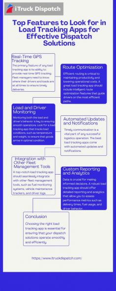 A top load tracking app enhances dispatch solutions by providing real-time data, route optimization, and driver performance tracking. These features ensure transparency and efficiency, allowing dispatchers to manage multiple shipments effortlessly and reduce operational downtime. Visit here to know more:https://itruckdispatch.mystrikingly.com/blog/top-features-to-look-for-in-load-tracking-apps-for-effective-dispatch-solutions