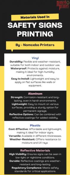 This content visually explains the various materials used in safety signs printing, helping stakeholders choose the right options for their specific safety needs.