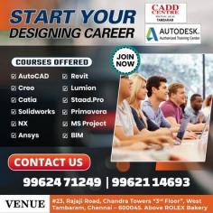 As Asia's biggest network of CAD training centers, CADD Centre Training Services is the training arm of the 36-year-old CADD Centre Group, head quartered at Chennai, India and Branch of Tambaram, Chennai. We help our students find jobs that are well-paid, meaningful, and challenging. Solidworks training in Tambaram We track companies that are hiring, and display job offers at our placement portal. We group them under different categories based on their implicit and explicit skill needs. We are always here for you- whether it’s feedback, assistance or you just want to know more about us. Please feel free to reach out to us:
#23 “Chandra Towers”, 3rd Floor, Rajaji road, West Tambaram (Above Vivek Showroom), Chennai – 600045. - +91 99624 71249 / +91 98842 73555 - caddcentre.tambaram@gmail.com
