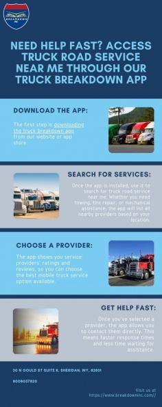 Stuck on the road? Use our truck breakdown app to access truck road service near me. We connect you to trusted mobile truck service providers, ensuring timely repairs and roadside assistance whenever and wherever you need it. Download the app and get back on track fast. Visit here to know  more:https://truckbreakdownapp.blogspot.com/2024/10/need-help-fast-access-truck-road.html