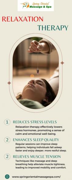 Looking for the best Relaxation therapy encompasses various techniques designed to promote mental and physical well-being. It includes practices like massage, deep breathing, and mindfulness meditation, aimed at reducing stress, alleviating tension, and enhancing overall health. Engaging in relaxation therapy can lead to improved sleep, better mood, and a heightened sense of calm and balance.