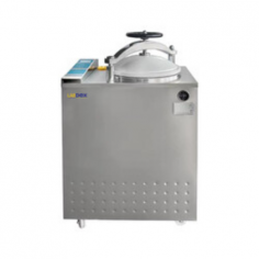 Labdex vertical autoclave is a microprocessor-controlled sterilizer with a 100L chamber, LCD display, and adjustable temperatures from 105 to 134 °C. Operating at 0.22 MPa, it features a HEPA filter, preset cycles, and safety mechanisms, ideal for sterilizing glassware and biological materials in laboratories.