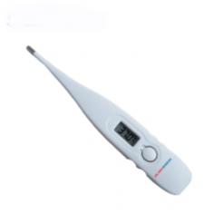 Abimed digital thermometer measures temperatures from 32.0 to 42.0 °C with an accuracy of ± 0.1 °C. It delivers results in 60 ± 10 seconds orally and 100 ± 20 seconds axillary. Features include a memory function for storing 10 previous readings and an audible beeper for alerts.