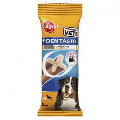 Pedigree Dentastix for large dogs helps to keep dental health of large-sized dogs at optimum level. With big mouths, large dogs require extra oral care to keep their teeth clean and gums germ free. These chewy treats are scientifically designed with X shape and active ingredients to effectively remove tartar and plaque build up.