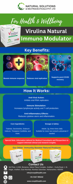 VIRULINA has shown by preclinical studies, an increase in the early and delayed hypersensitivity reaction to immunogenicity induciers and has a stimulatory effect on chemotaxis dependent leucocyte migration and Proliferation of Lymphocyte, establishing it as an immuno-modulator. VIRULINA in preclinical studies, also enhances the phagocytic efficacy of the PMN cells against infecting microbial cells, thereby stimulating a non-specific immune response.

Know more: https://www.nsnpl2health.com/virulinas/
