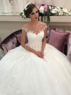 Abito da Sposa Senza Maniche Naturale in Tulle Coda A Strascico Corto Radiosa