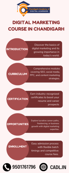 The CADL "Digital Marketing Course in Chandigarh" is an extensive program designed to equip students with essential skills in digital marketing. Covering key areas such as SEO, social media marketing, content strategy, and analytics, the course blends theoretical knowledge with hands-on experience. Led by industry professionals, participants engage in practical projects that prepare them for real-world applications. This course is ideal for both beginners and experienced marketers, aiming to enhance career prospects and provide the tools needed to succeed in the competitive digital landscape.



