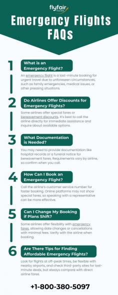 Find answers to common questions about booking emergency flights, including details on special fares, necessary documentation, booking tips, and flexibility options. This guide is designed to help you secure urgent travel arrangements with ease. For immediate assistance, contact us at +1-800-380-5097.