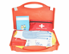 Abimed First Aid Kit includes an emergency blanket, safety vest, rainponcho, tow rope, life hammer, cold pack, medical kit, sterile gauze, bandages, alcohol pads, and antiseptic wipes. It comes in a water-resistant, shock-proof polypropylene box, compact, spacious, easy to carry, and available in two colors.