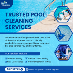 A professional swimming pool cleaning service plays a crucial role in extending the life of your pool by ensuring it remains clean, balanced, and well-maintained. Regular swimming pool cleaning prevents the buildup of harmful debris, dirt, and algae, which can degrade pool surfaces and equipment over time. Proper chemical balancing, an essential part of professional cleaning, protects the pool’s materials from corrosion or scaling, while also preventing issues like cloudy water or bacterial growth. At Complete pool servicing professionals can identify potential problems, such as cracks or leaks, early on, allowing for timely repairs and preventing costly damage. Overall, our swimming pool cleaning experts' consistent maintenance through a pool cleaning service ensures your pool remains in optimal condition, increasing its longevity and saving you money in the long run. 
Click here for more information : https://completepoolservicing.com/cleaning/