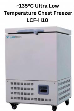 Labtron -135°C Ultra Low Temp Chest Freezer (58L) features a digital microcomputer control, fluorine-free refrigerant, universal casters, ergonomic design, air pressure balance, and double-sealing for effective insulation.