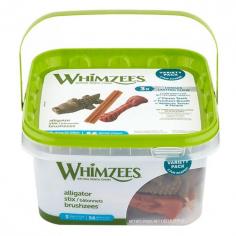 WHIMZEES Variety Box carries three popular shapes of your dog’s favourite dental treats: Alligator, Brusheez, and Stix. These dental dog treats promote fresh breath and healthier gums and reduce plaque and tartar buildup. Its added grooves and ridges clean the hard-to-reach areas of the mouth and help dogs easily grip and chew the treat.