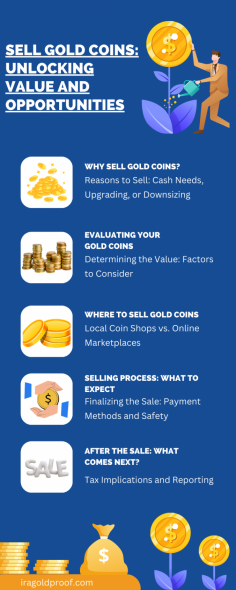 Learn how to sell gold coins and maximize their value with this guide. From understanding why people sell, to evaluating your coins, finding the best places to sell, and navigating the sales process—this infographic offers everything you need to know about selling gold coins confidently. Discover what comes after the sale, including tax implications and more.

Buy Now: https://www.iragoldproof.com/gold-investing/
