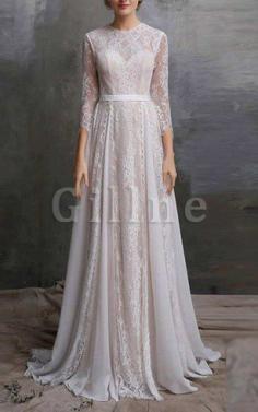 Abito da Sposa con Tre Quarti Lunghezza Maniche Conservatore con Applique con Bottone in Pizzo