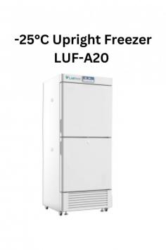 Labtron -25°C Upright Freezer features two chambers, 450L capacity, -10 to -25°C range, microprocessor control, digital display, direct cooling, low-noise branded compressor, advanced alarm system, turn-on delay, and powder-coated housing with aluminum interior.