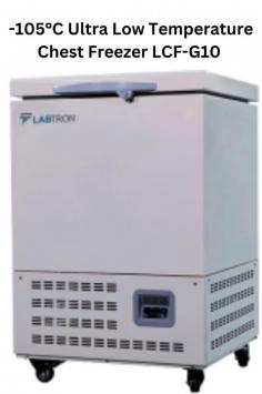 Labtron -105°C Ultra Low Temp Chest Freezer offers 58L capacity, digital control, an ultra-thick foam layer, a double-sealed door, a branded compressor, fluorine-free refrigerant, a 304 stainless steel liner, and universal casters.
 