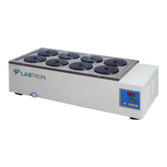 Labtron 8 Hole Thermostatic Bath is a 19.8 L bottom heating bath with a temperature range of 5°C to 99°C. It features a touch-button setting and a 3-digit temperature display and offers ±0.5°C motion and ±1°C uniformity. Ideal for various laboratory applications.