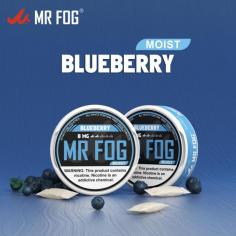 Moist Blueberry Mr. Fog Nicotine Pouches. Each pack contains 20 pouches with 8mg of nicotine. Perfect for a satisfying, on-the-go experience.