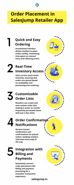 The SalesJump Retailer Application is a user-friendly tool designed for FMCG retailers, streamlining order placement and inventory management. With features like real-time stock visibility, automated scheme applications, and seamless payment processing, it enhances operational efficiency and enables informed decision-making for improved sales performance.