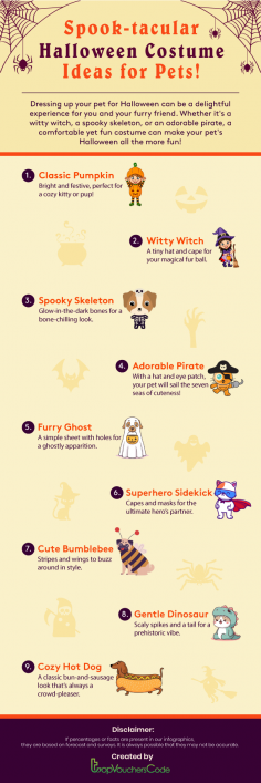 Buckle up for a “purr-fect” Halloween with these spooky yet fun costume ideas for pets! Dress up your furry friend in fun and festive costumes to celebrate the holiday. From charming witches and spooky skeletons to adorable pirates, there are endless options to choose from. Don’t forget to prioritize your pet’s comfort. Have a look at this infographic to get to know all about the Halloween costume ideas trending this year. Whether you want a humorous or spooky theme, the right outfit can make your pet the star of the Halloween festivities. Whether it’s a cozy hot dog, a mini unicorn, superhero sidekick or a furry ghost, there’s something for every pet’s personality. These costumes can add extra charm to the spooky season, making trick-or-treating even more enjoyable.
https://www.topvoucherscode.co.uk/halloween-discount-codes/