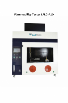 Labtron Flammability Tester features a horizontal and vertical flame chamber with a touch screen control panel, adjustable burner height 50 mm, and flame angle 0 to 45°, plus a U-pressure gauge and methane gas flow meter, complying with ASTM 5025 standards.