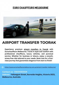 Enjoy luxurious airport transfers in Toorak with Eurochauffeurs Melbourne. Travel stress-free in premium vehicles, driven by professional chauffeurs. Perfect for business or leisure, ensuring comfort, style, and punctuality every time. Book your ride today!

To know more visit;-https://www.eurochauffeursmelbourne.com.au/airport-transfer-melbourne/



